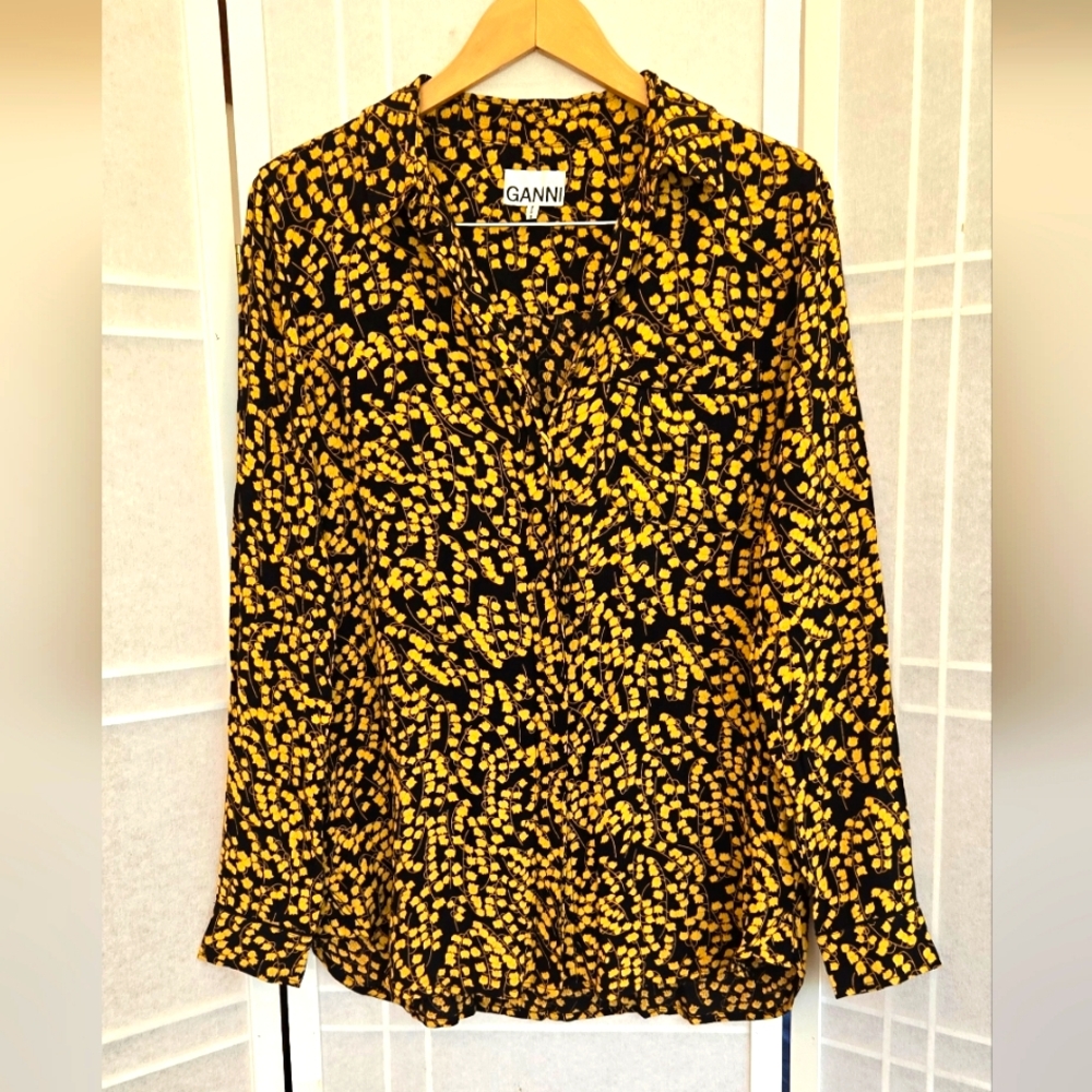 GANNI viscose black floral Lily Of The Valley print blouse